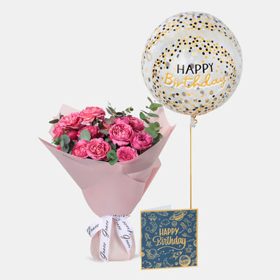 Flowers with Greetings Card and Birthday Balloons