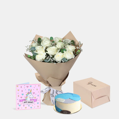 Flowers with Greetings Card and Birthday Cake