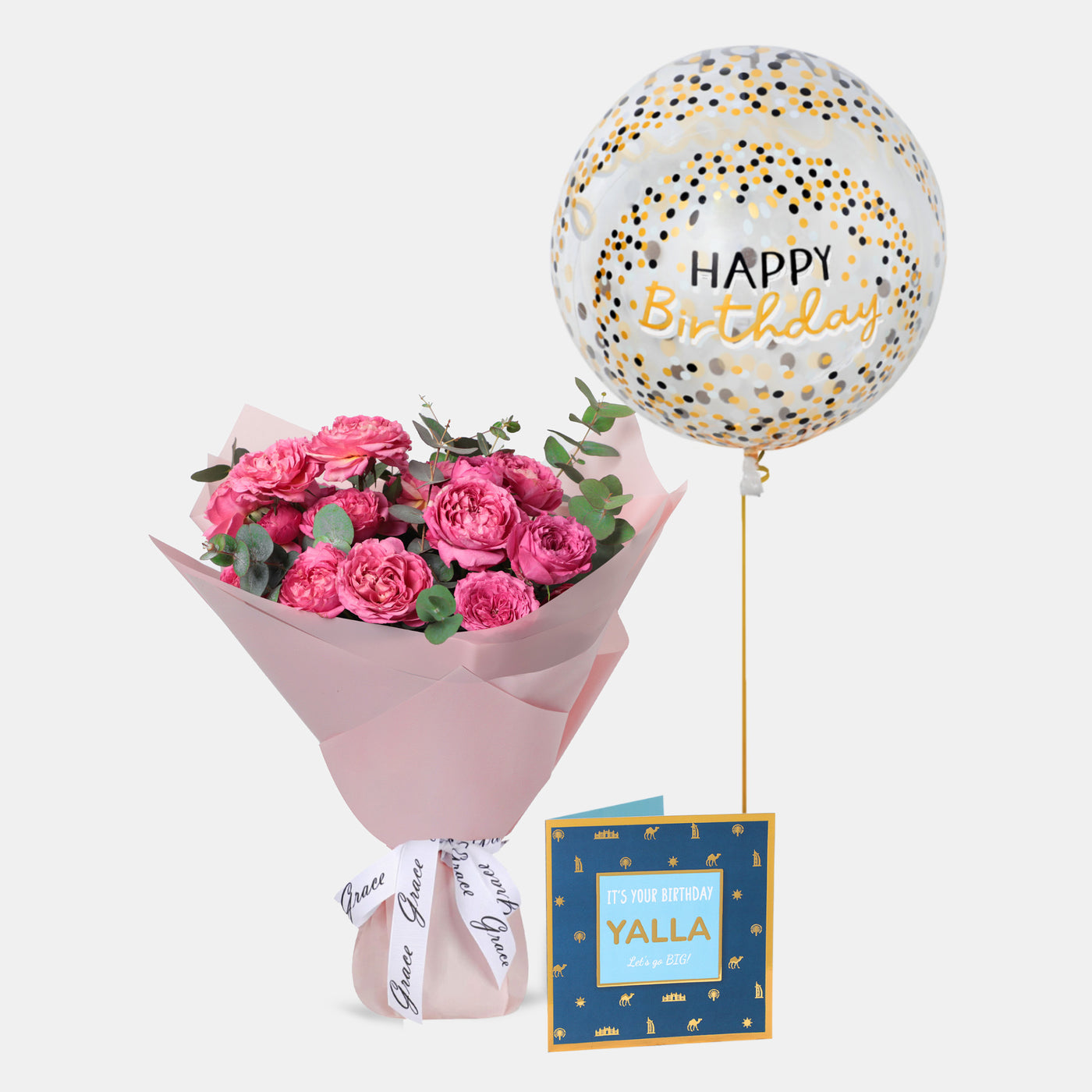 Flowers with Greetings Card and Birthday Balloons