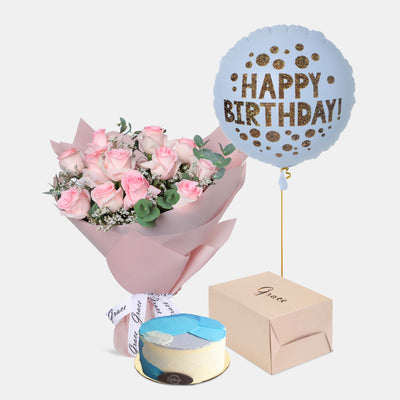 Flowers with Birthday Cake and Balloons