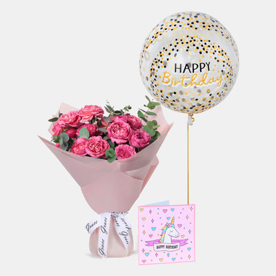 Flowers with Greetings Card and Birthday Balloons