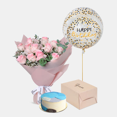 Flowers with Birthday Cake and Balloons