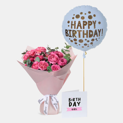 Flowers with Greetings Card and Birthday Balloons