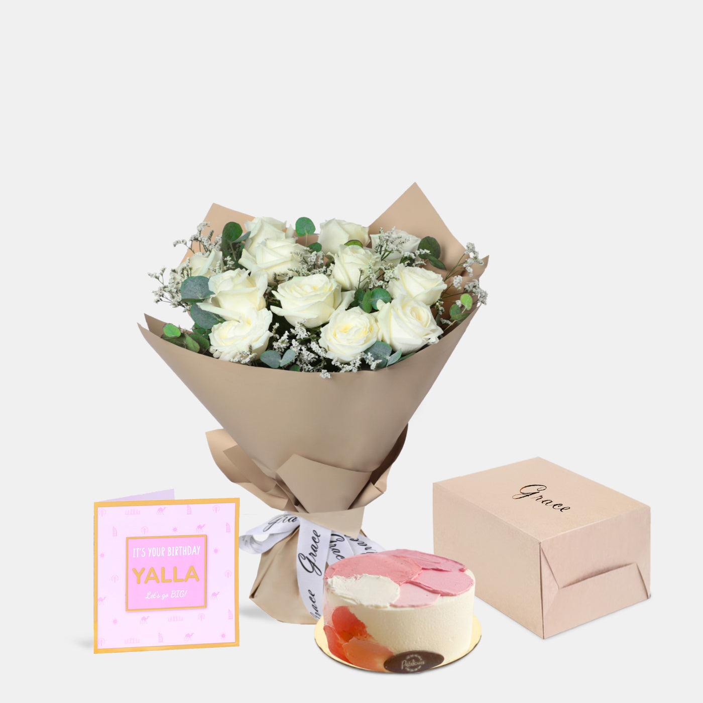 Flowers with Greetings Card and Birthday Cake