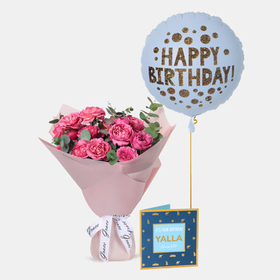 Flowers with Greetings Card and Birthday Balloons