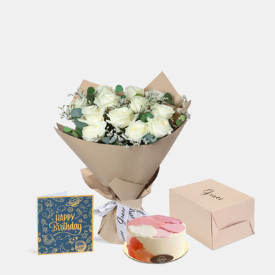 Flowers with Greetings Card and Birthday Cake