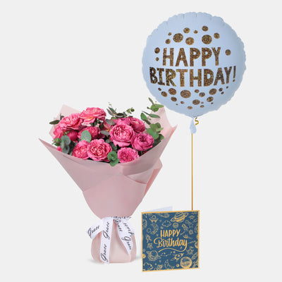 Flowers with Greetings Card and Birthday Balloons