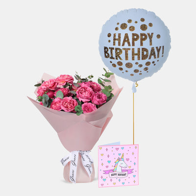 Flowers with Greetings Card and Birthday Balloons