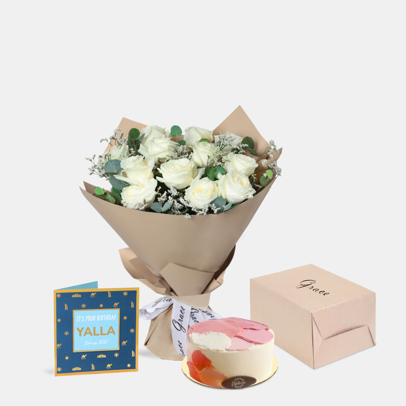 Flowers with Greetings Card and Birthday Cake