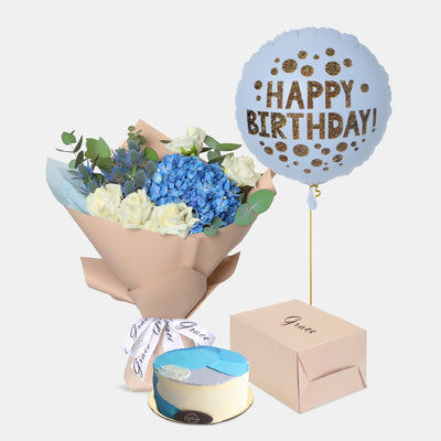 Flowers with Birthday Cake and Balloons