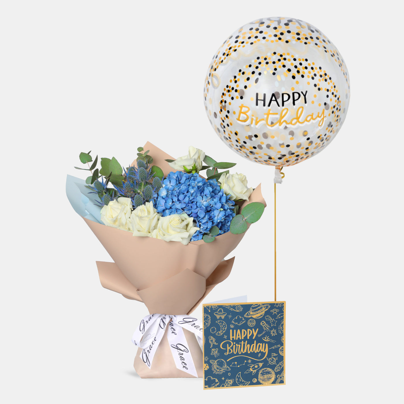 Flowers with Greetings Card and Birthday Balloons