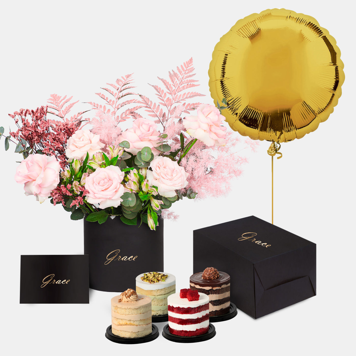 Flamingo in Box with Mini Cake and Balloons