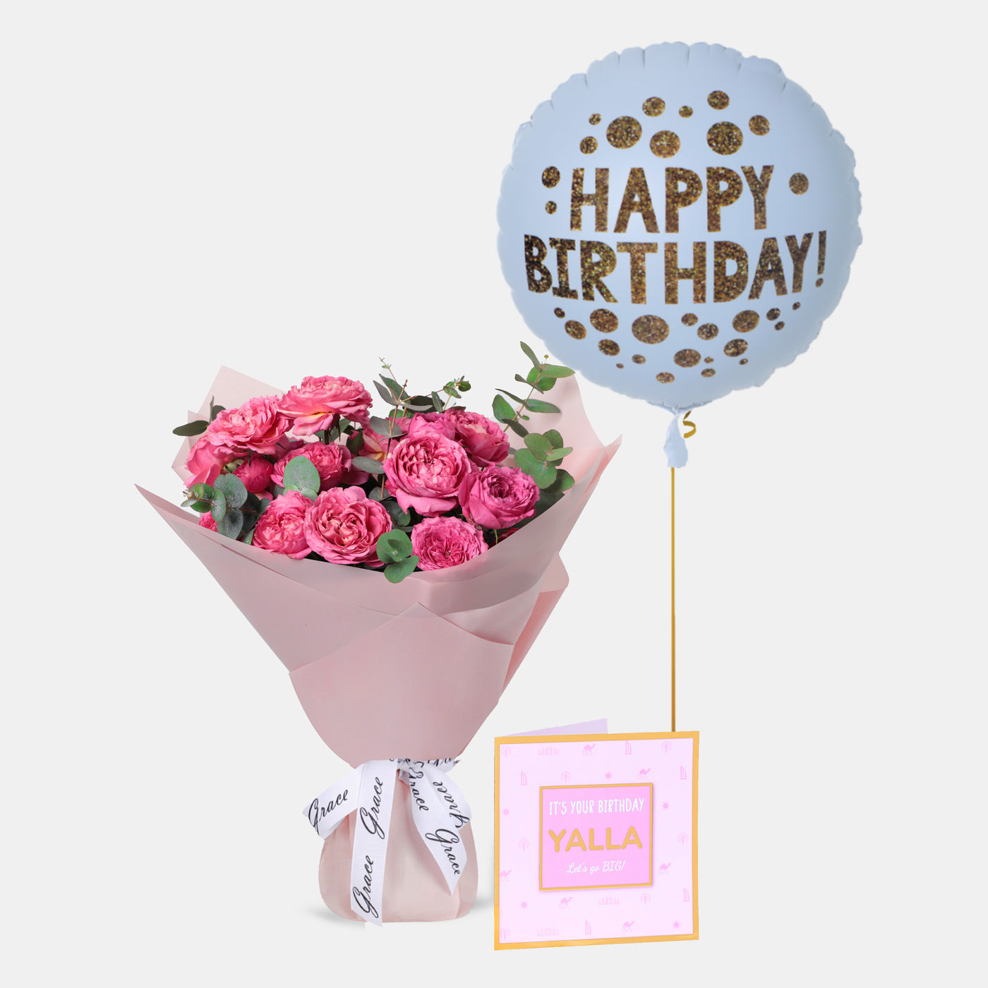 Flowers with Greetings Card and Birthday Balloons