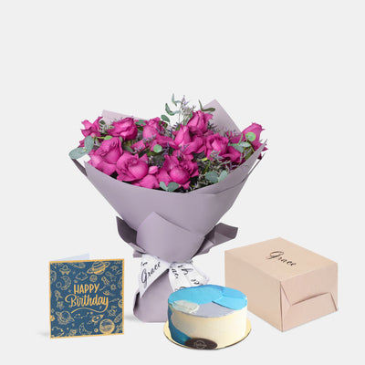 Flowers with Greetings Card and Birthday Cake