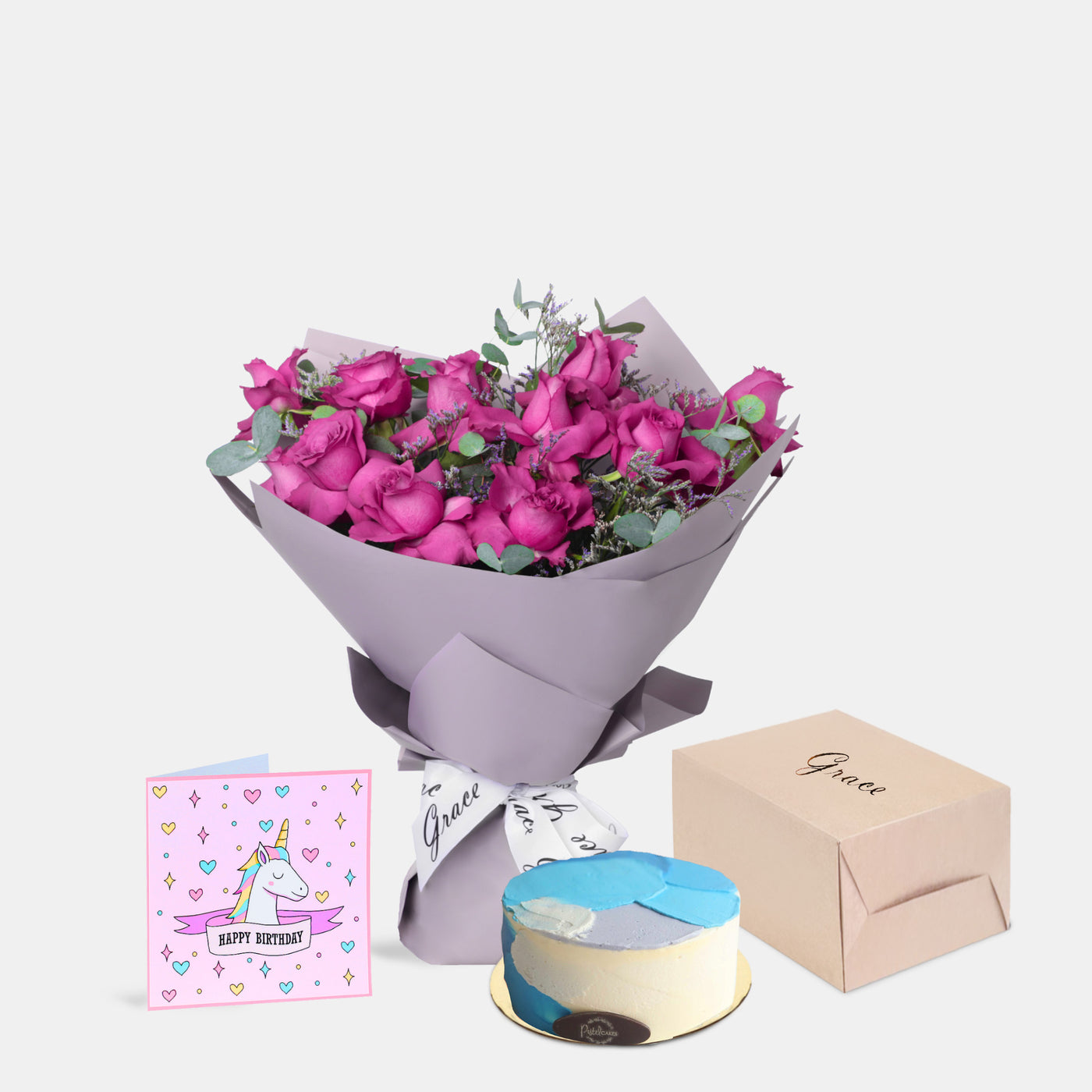 Flowers with Greetings Card and Birthday Cake