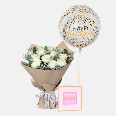 Flowers with Greetings Card and Birthday Balloons