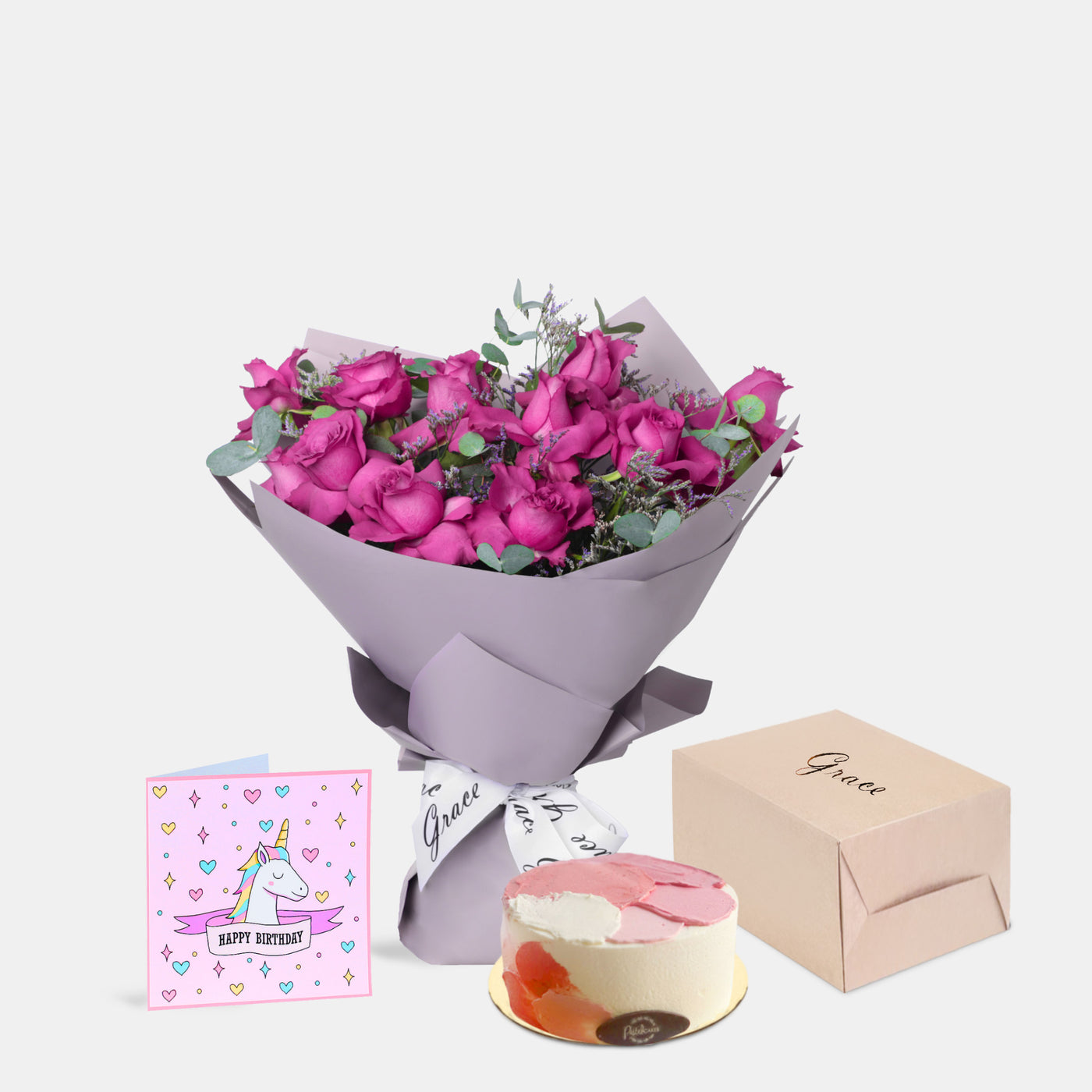 Flowers with Greetings Card and Birthday Cake