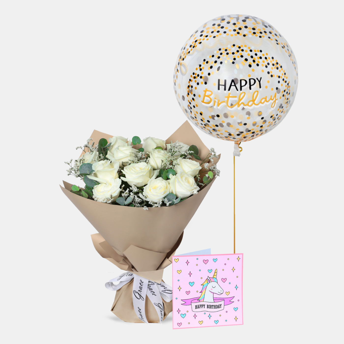 Flowers with Greetings Card and Birthday Balloons