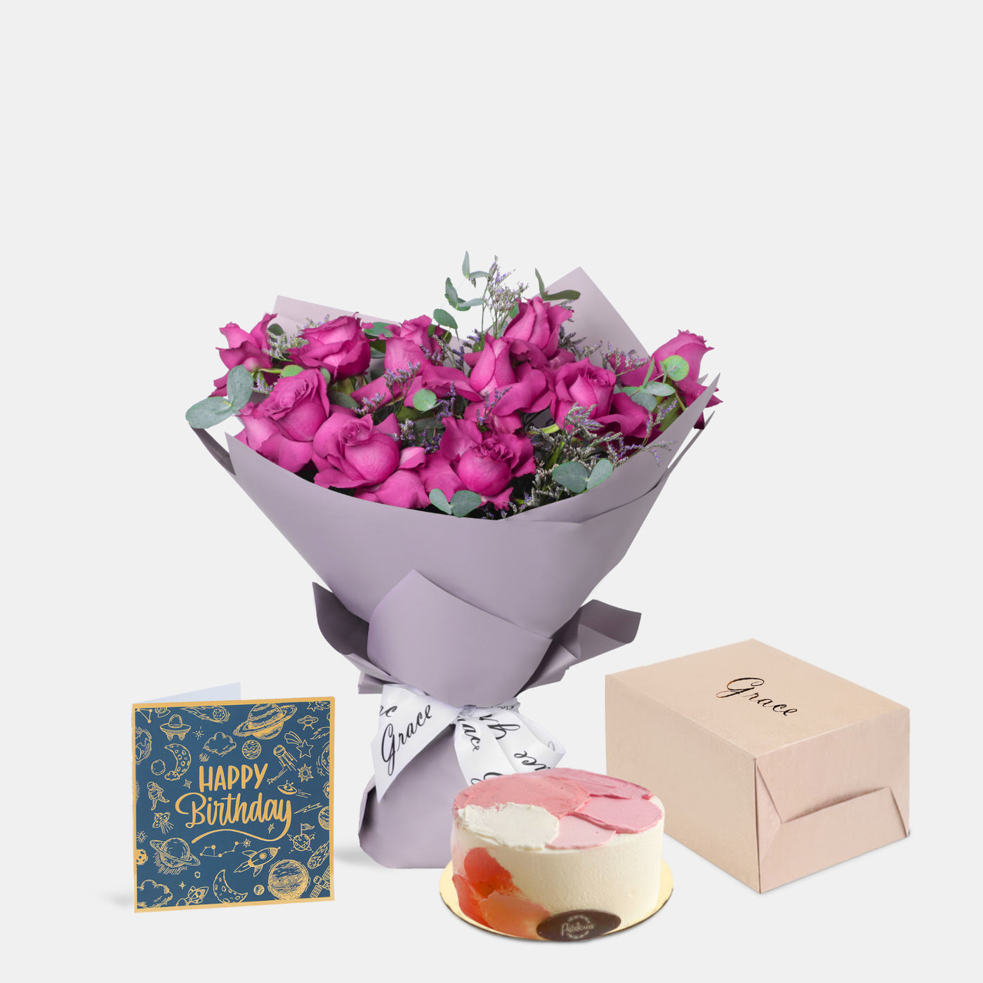 Flowers with Greetings Card and Birthday Cake