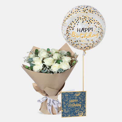 Flowers with Greetings Card and Birthday Balloons