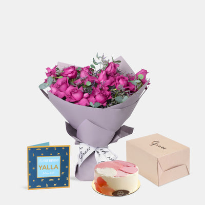 Flowers with Greetings Card and Birthday Cake