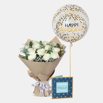 Flowers with Greetings Card and Birthday Balloons