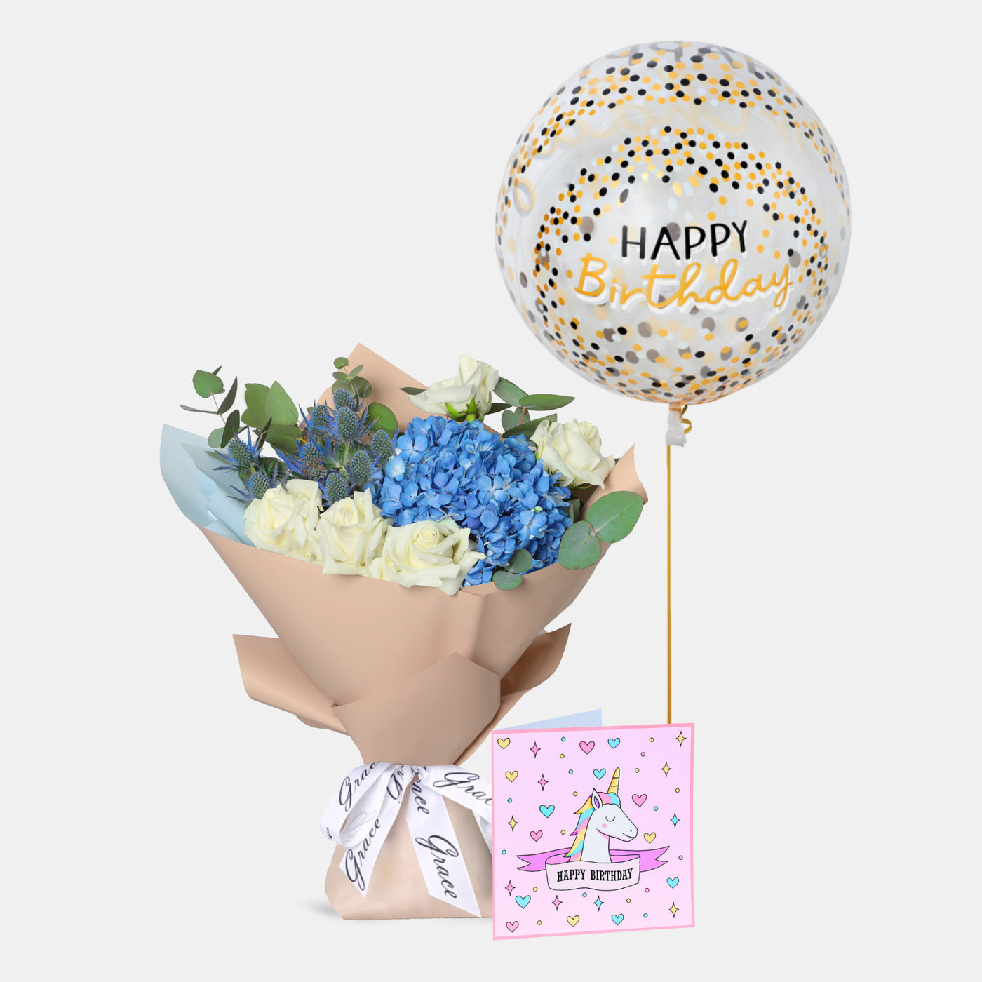 Flowers with Greetings Card and Birthday Balloons