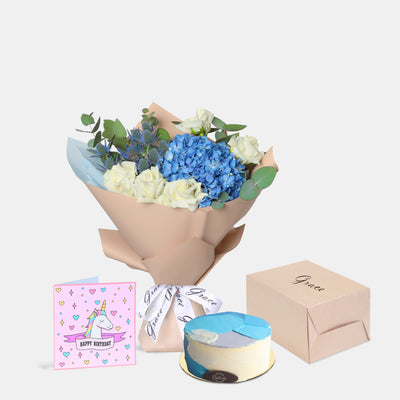 Flowers with Greetings Card and Birthday Cake