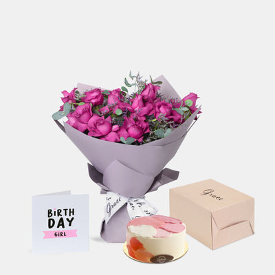 Flowers with Greetings Card and Birthday Cake