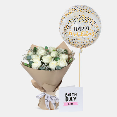 Flowers with Greetings Card and Birthday Balloons