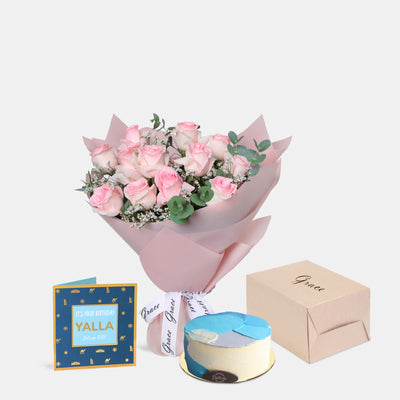 Flowers with Greetings Card and Birthday Cake