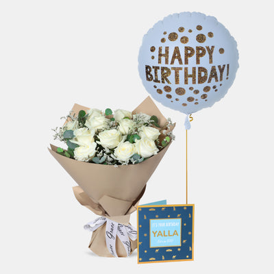 Flowers with Greetings Card and Birthday Balloons