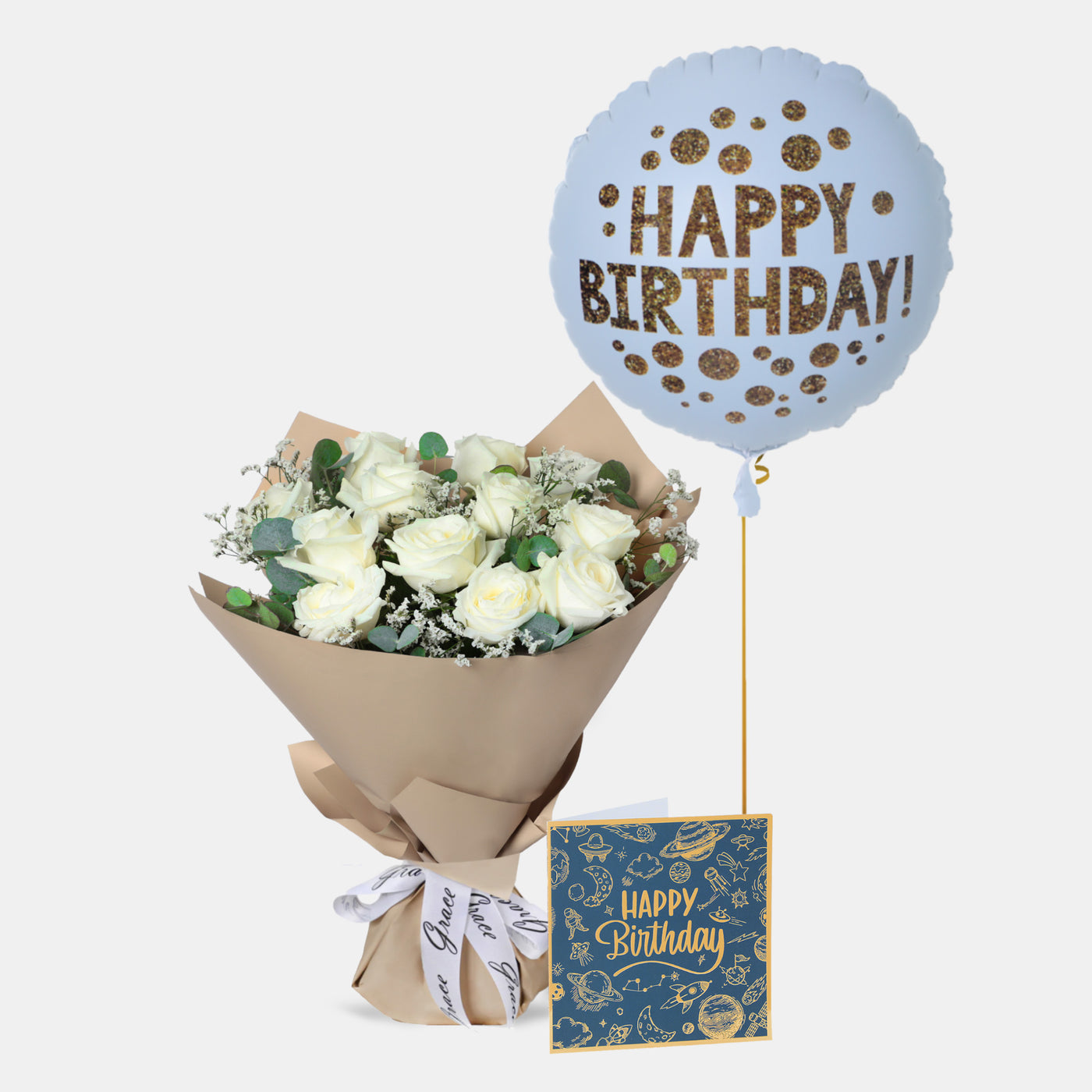 Flowers with Greetings Card and Birthday Balloons