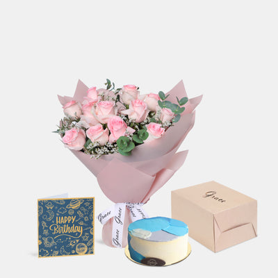 Flowers with Greetings Card and Birthday Cake