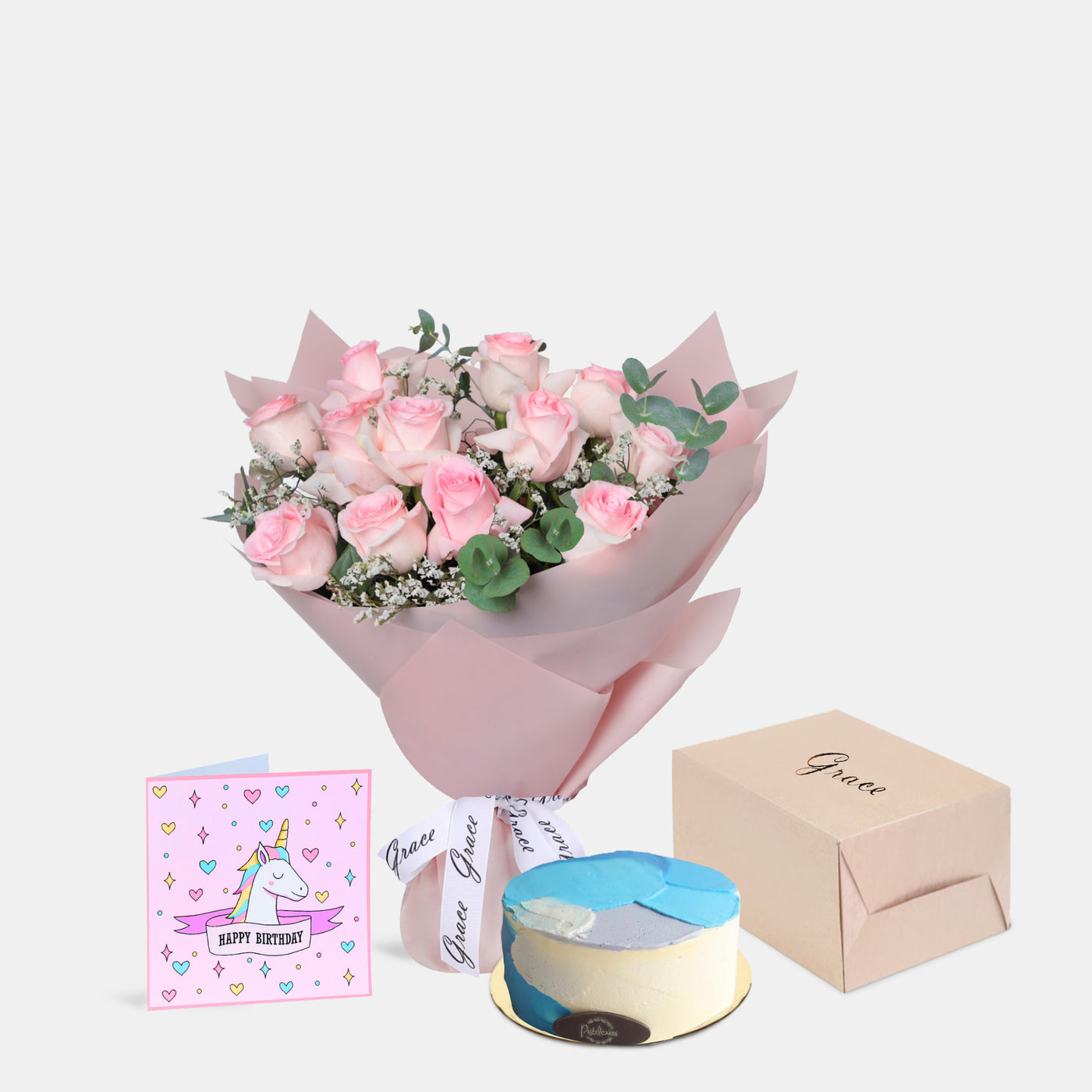 Flowers with Greetings Card and Birthday Cake