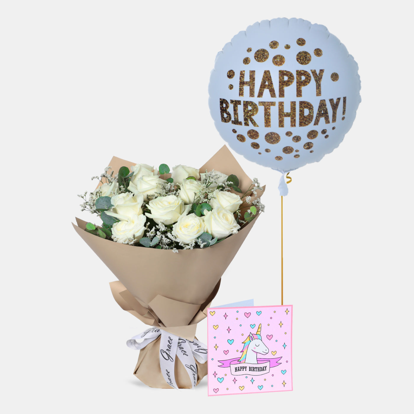 Flowers with Greetings Card and Birthday Balloons