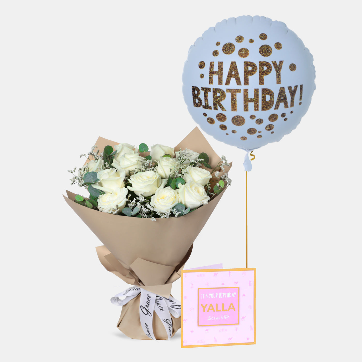 Flowers with Greetings Card and Birthday Balloons