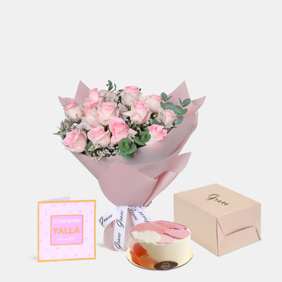 Flowers with Greetings Card and Birthday Cake