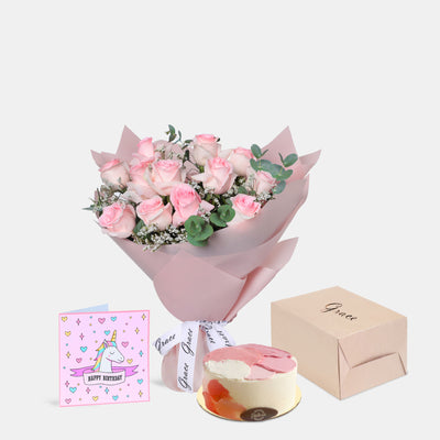 Flowers with Greetings Card and Birthday Cake