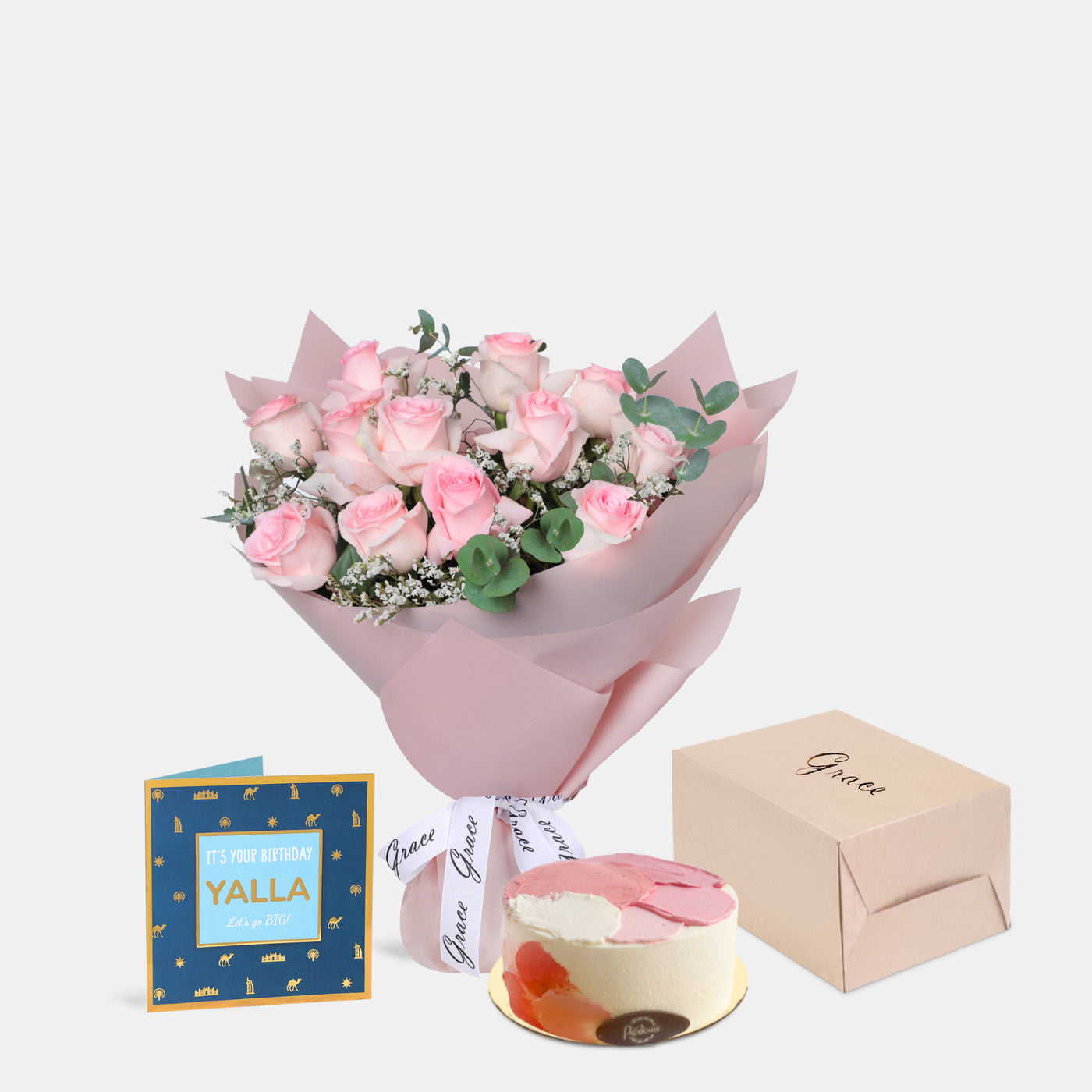 Flowers with Greetings Card and Birthday Cake