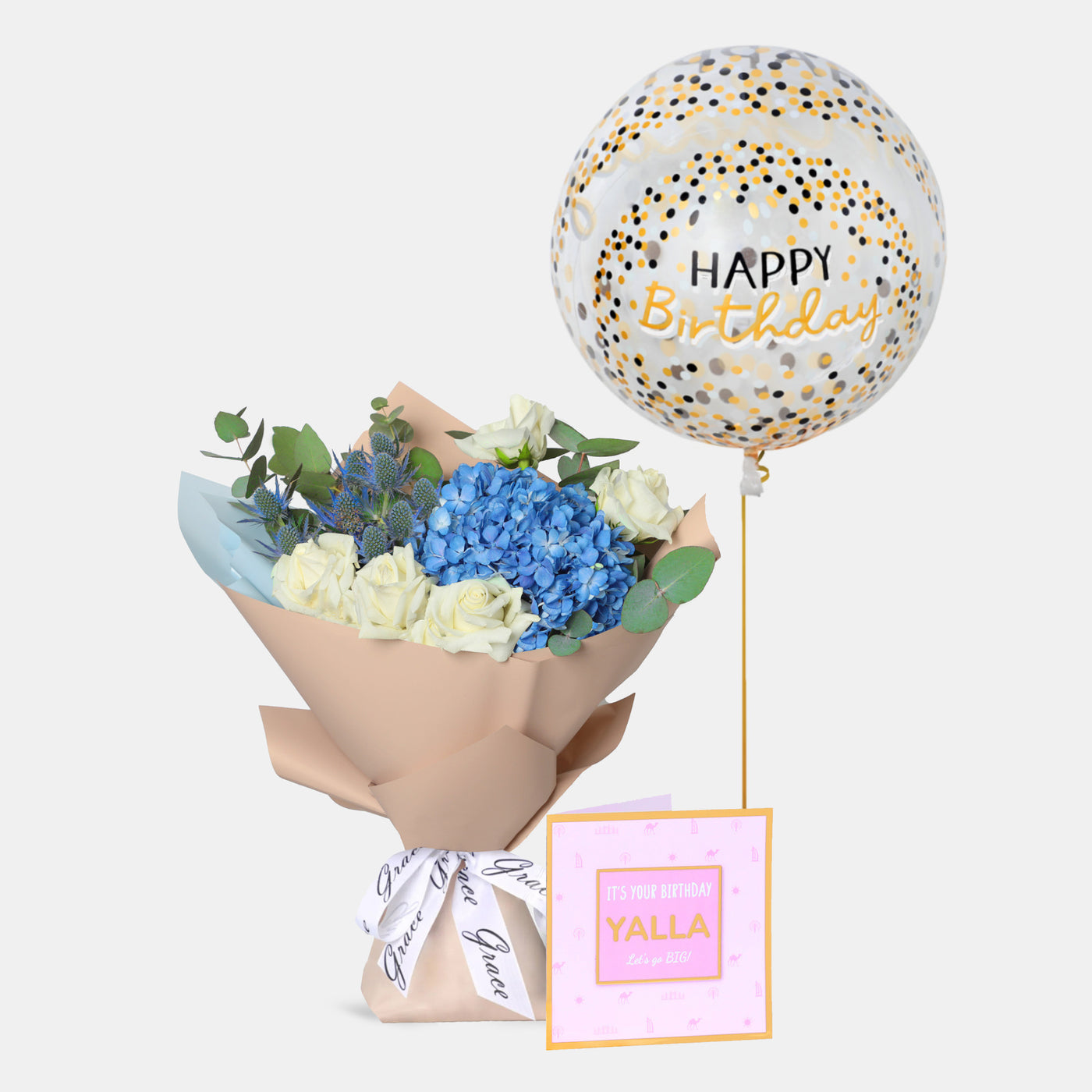 Flowers with Greetings Card and Birthday Balloons