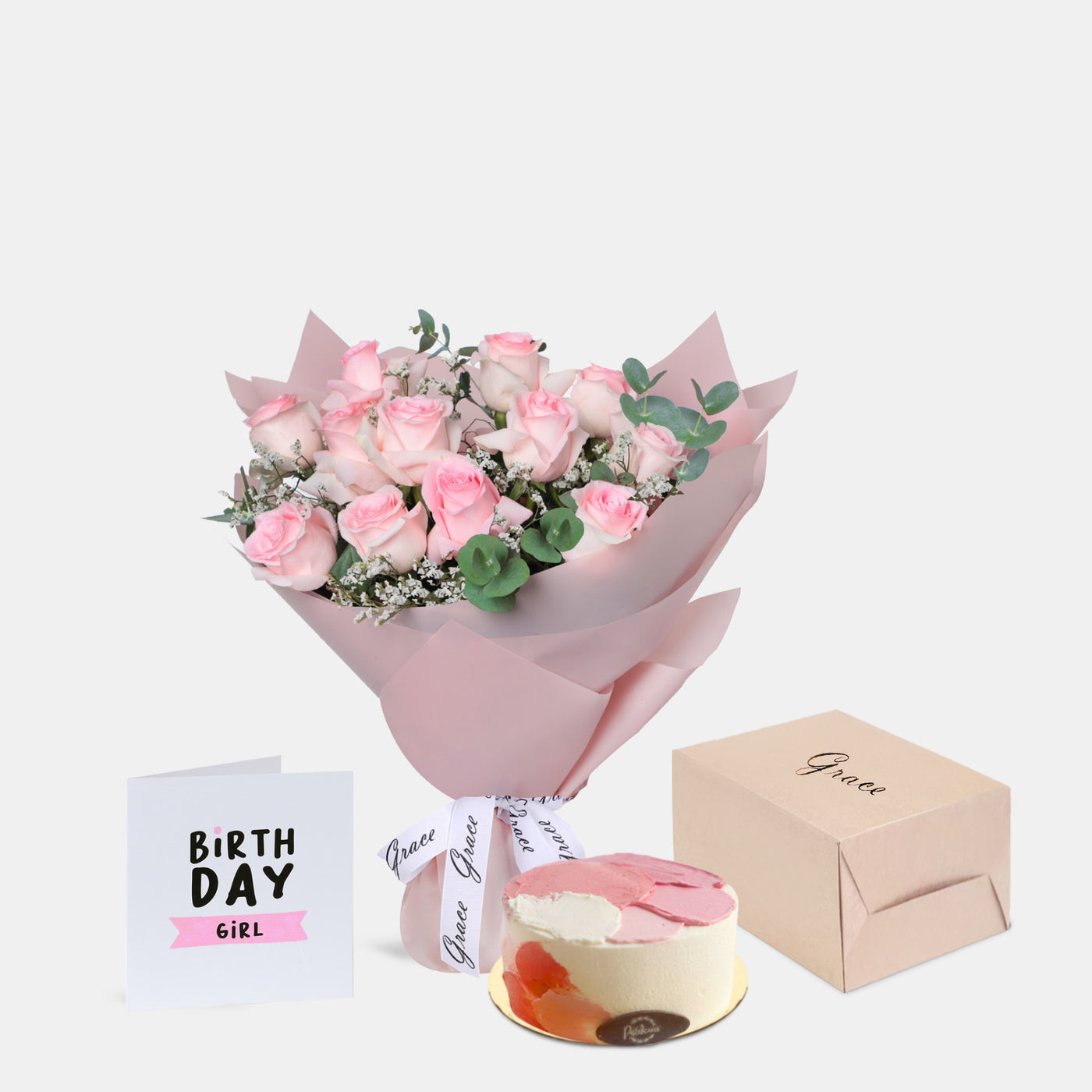 Flowers with Greetings Card and Birthday Cake