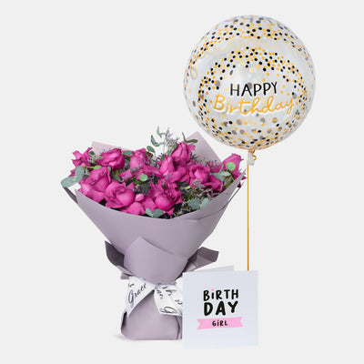 Flowers with Greetings Card and Birthday Balloons