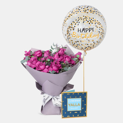 Flowers with Greetings Card and Birthday Balloons