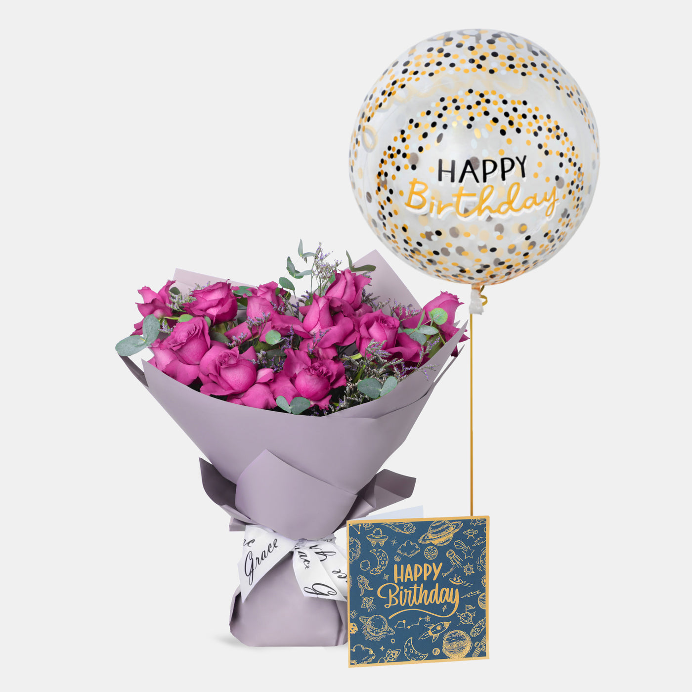 Flowers with Greetings Card and Birthday Balloons