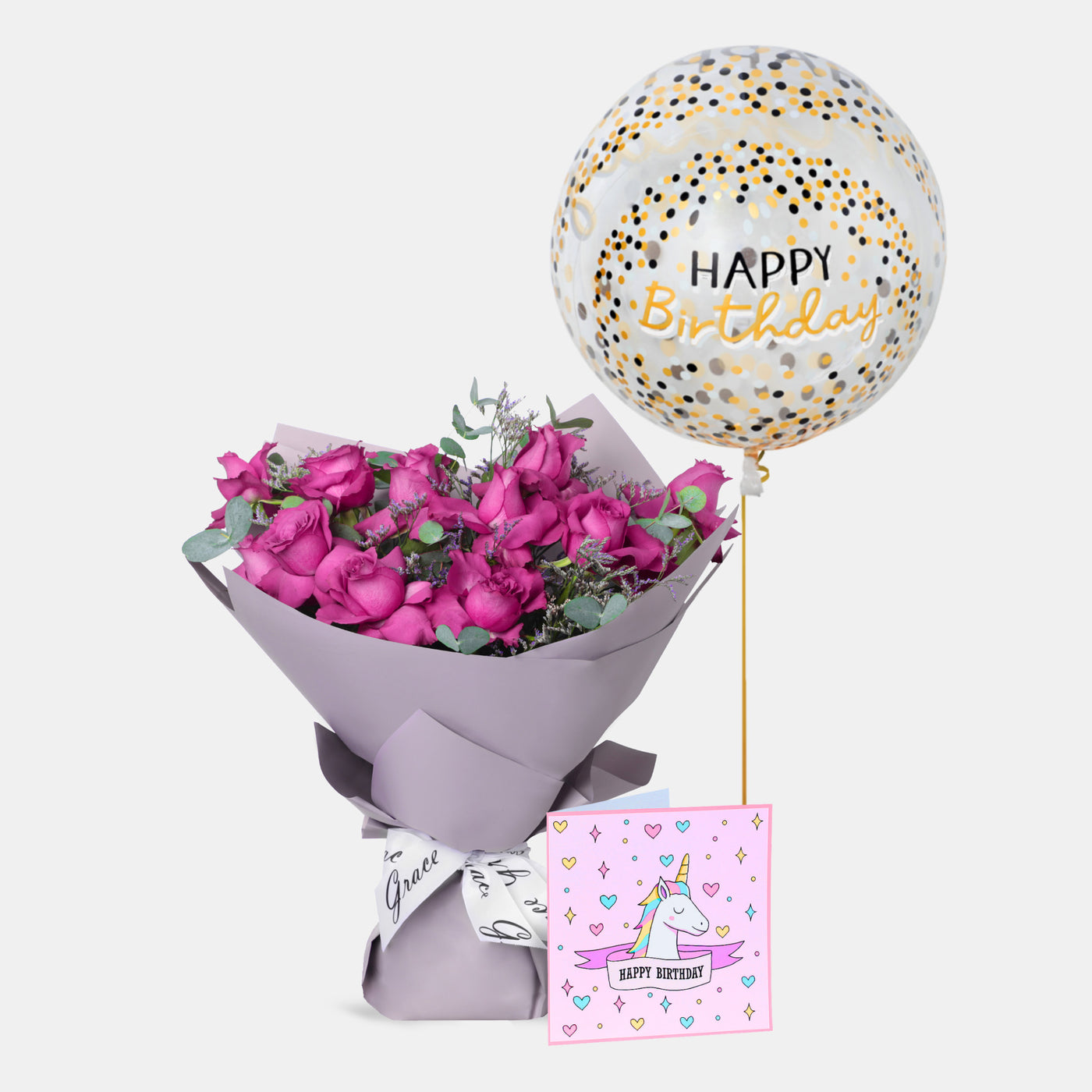 Flowers with Greetings Card and Birthday Balloons