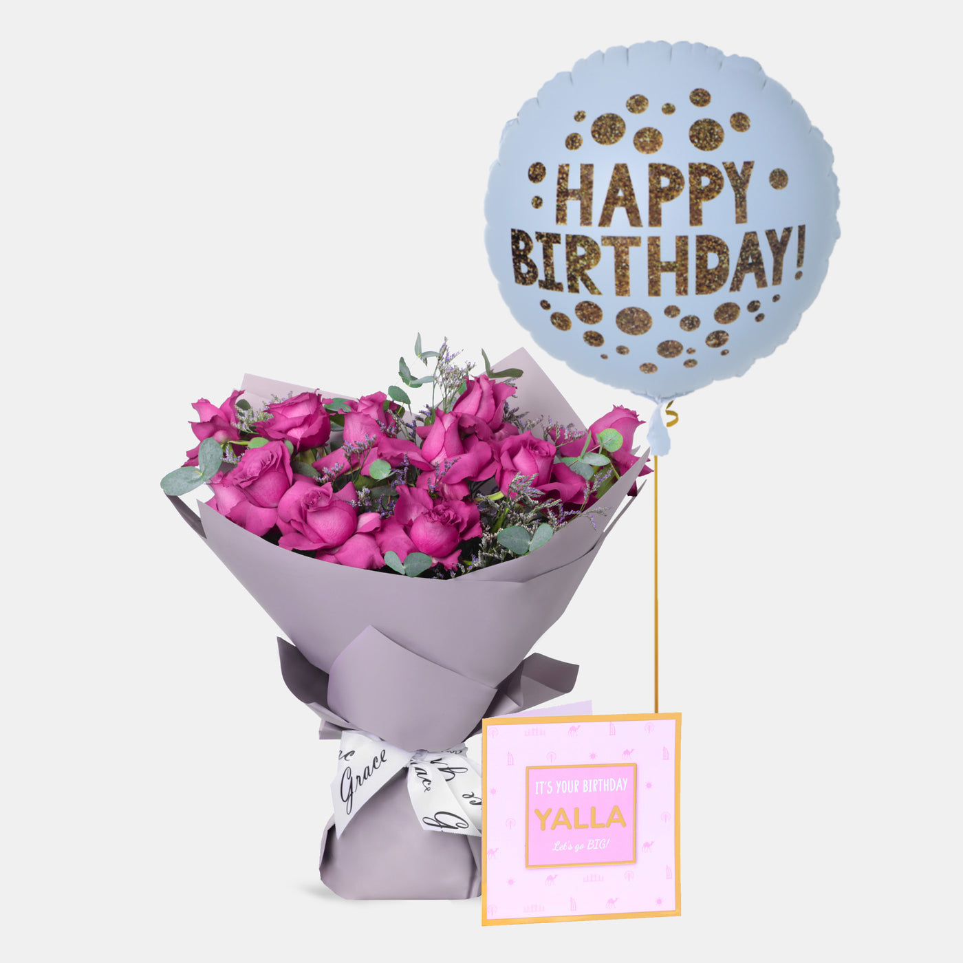 Flowers with Greetings Card and Birthday Balloons