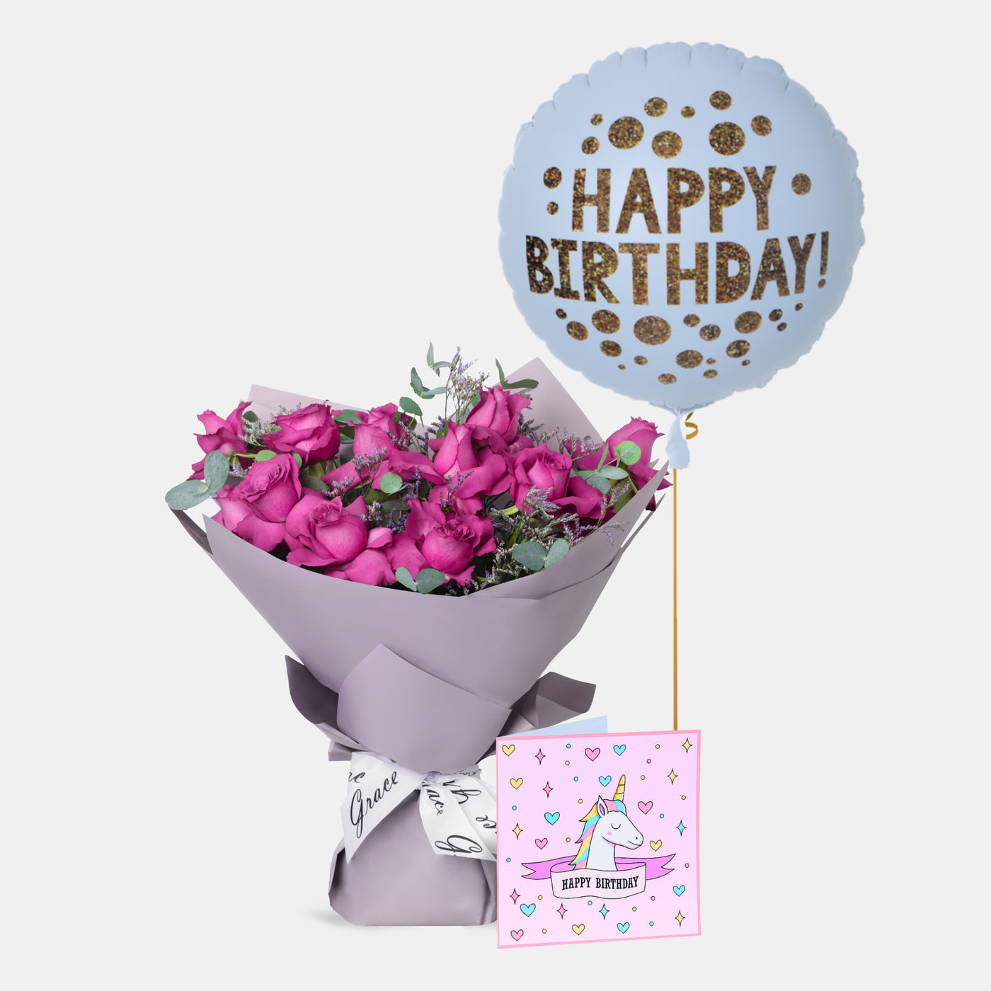 Flowers with Greetings Card and Birthday Balloons