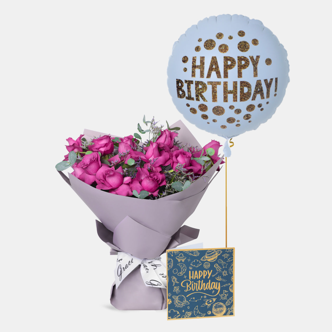 Flowers with Greetings Card and Birthday Balloons