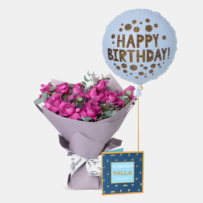 Flowers with Greetings Card and Birthday Balloons